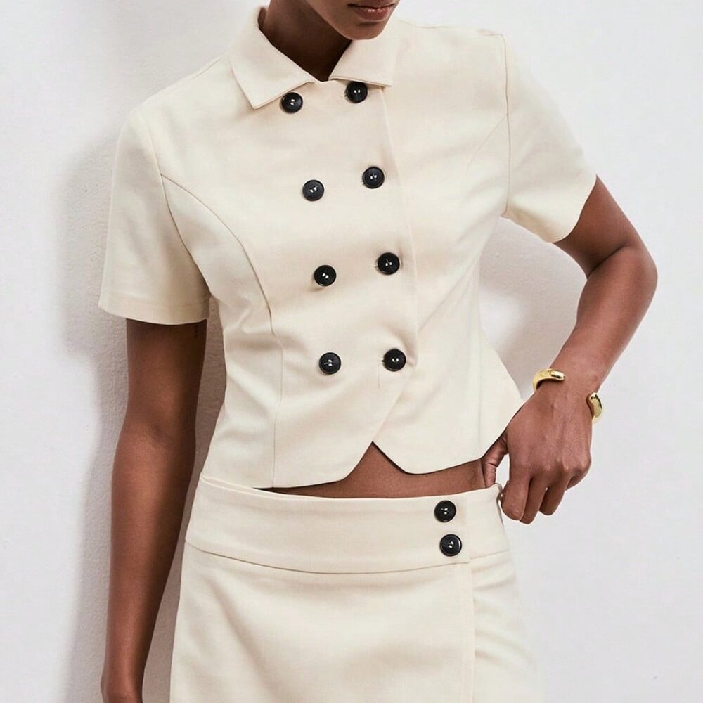 Khaki Casual Women's Short Sleeve Double-Breasted /Work Blazer - Picture 4 of 7